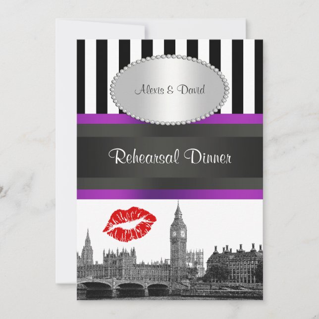 London Skyline BW Strp Purple Kiss P Rehearsal Din Invitation (Front)