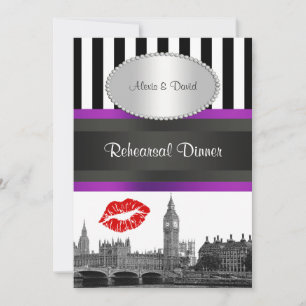 London Skyline BW Strp Purple Kiss P Rehearsal Din Invitation