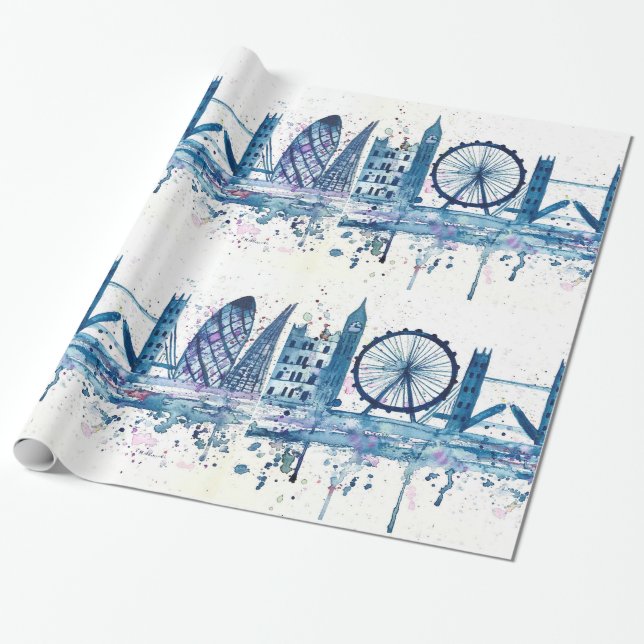 London skyline England blue modern watercolor  Wrapping Paper (Unrolled)