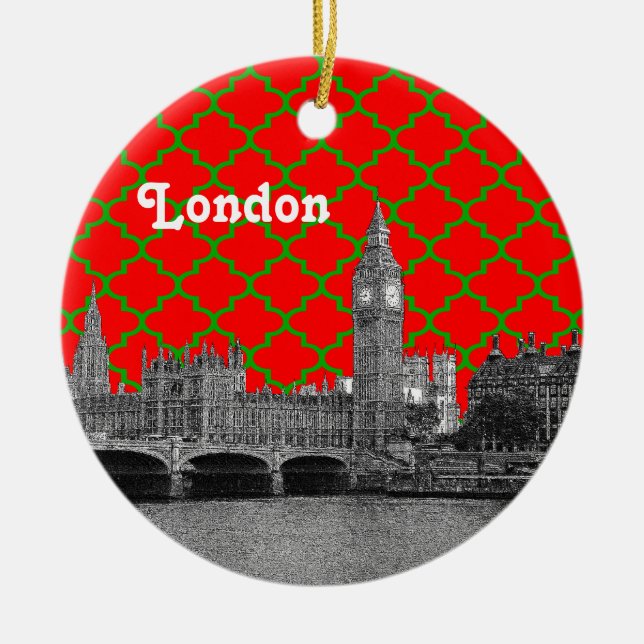 London Skyline Etch Green Red Quatrefoil BG Xmas Ceramic Tree Decoration (Front)