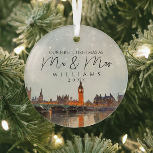 London Skyline First Christmas As Mr & Mrs Photo Glass Tree Decoration