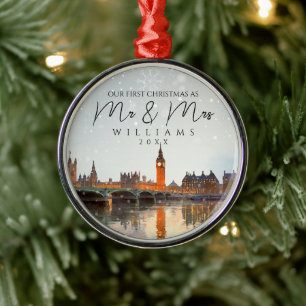 London Skyline First Christmas As Mr & Mrs Photo Metal Tree Decoration