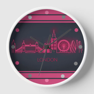London Skyline Pink Neon Look Cityscape  Wall Roun Clock