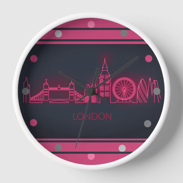 London Skyline Pink Neon Look Cityscape  Wall Roun Clock (Front)