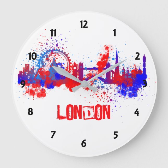 London Skyline Red White Blue Artistic Paint Splat Large Clock (Front)