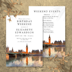 London Skyline Watercolor Birthday Weekend Invitation