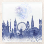 London Skyline - Watercolor Blue Glass Coaster<br><div class="desc">London Skyline Watercolour Splash Blue by Fab Funky. Features famous landmarks of London in a watercolor style.</div>