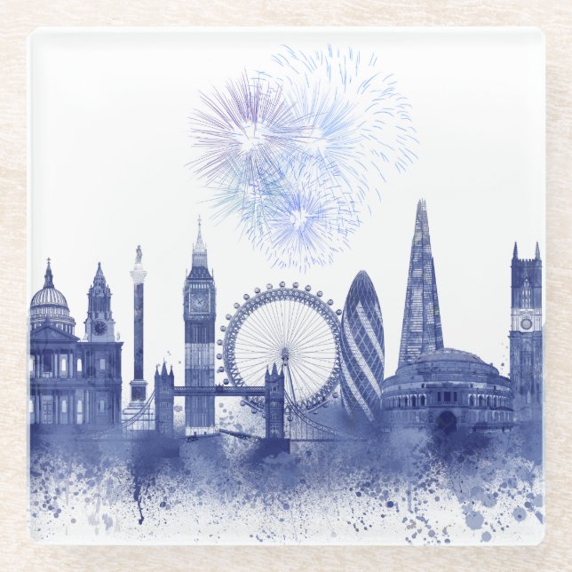 London Skyline - Watercolor Blue Glass Coaster (Front)