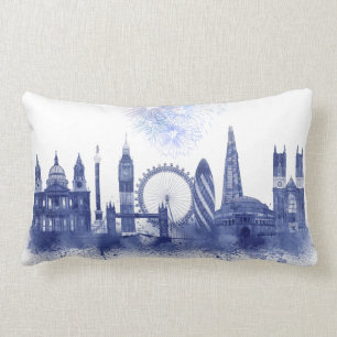 London Skyline - Watercolor Blue Lumbar Cushion