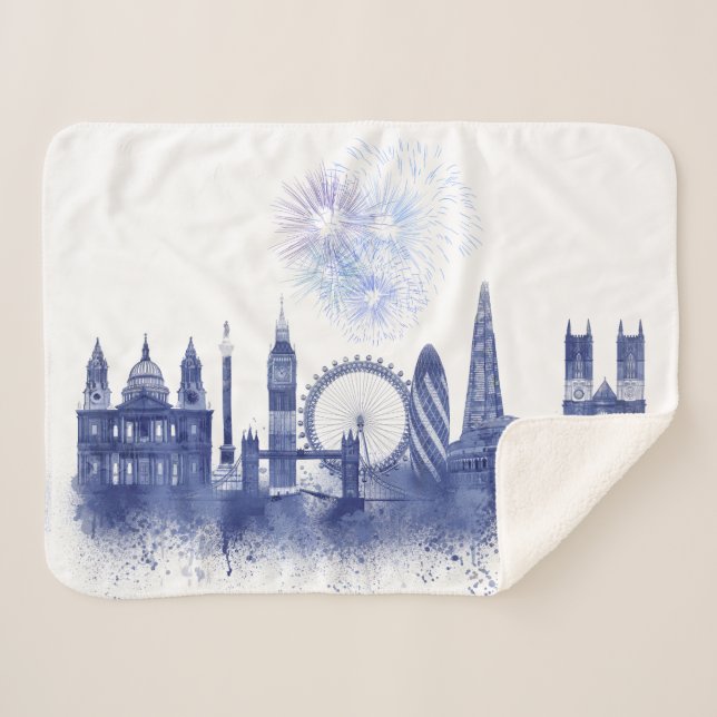 London Skyline - Watercolor Blue Sherpa Blanket (Front (Horizontal))