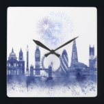 London Skyline - Watercolor Blue Square Wall Clock<br><div class="desc">London Skyline Watercolour Splash Blue by Fab Funky. Features famous landmarks of London in a watercolor style.</div>
