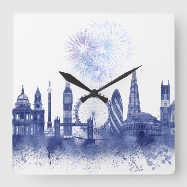 London Skyline - Watercolor Blue Square Wall Clock (Front)