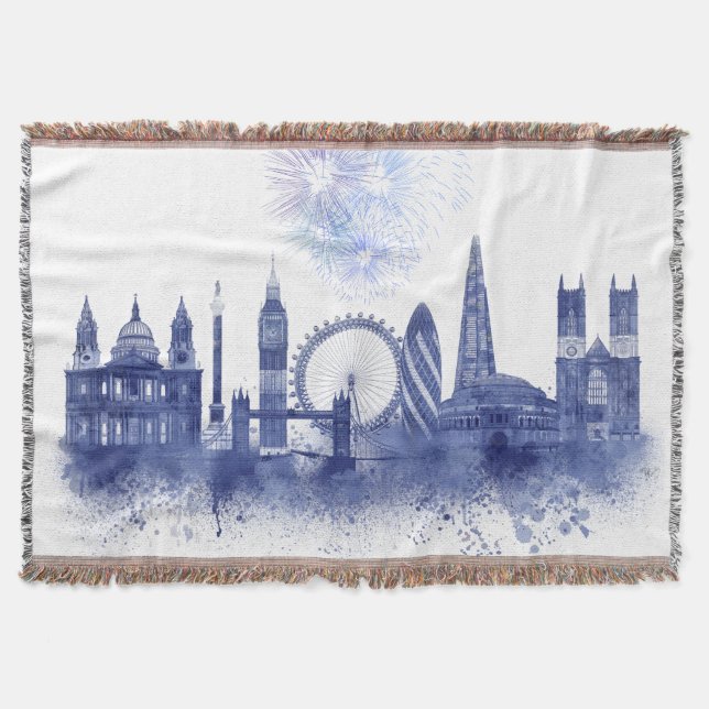 London Skyline - Watercolor Blue Throw Blanket (Front)