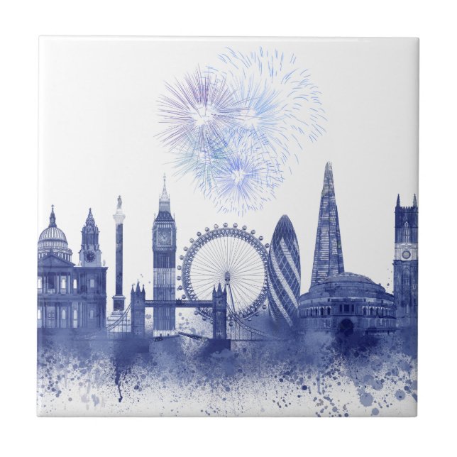 London Skyline - Watercolor Blue Tile (Front)