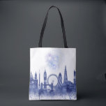 London Skyline - Watercolor Blue Tote Bag<br><div class="desc">London Skyline Watercolour Splash Blue by Fab Funky. Features famous landmarks of London in a watercolor style.</div>