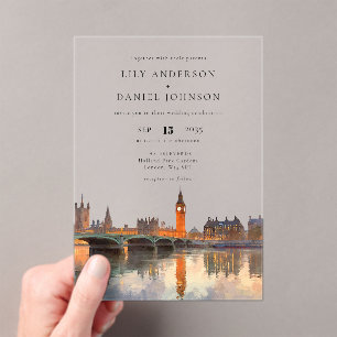 London Skyline Watercolor Destination Wedding Acrylic Invitations