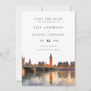 London Skyline Watercolor Elegant Wedding Save The Date