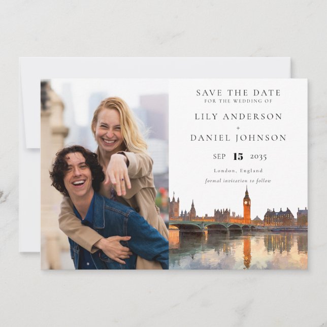 London Skyline Watercolor Photo Wedding Save The Date (Front)