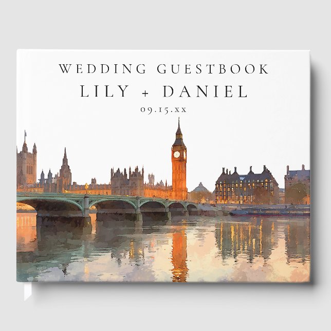 London Skyline Watercolor Wedding Guest Book (Front)