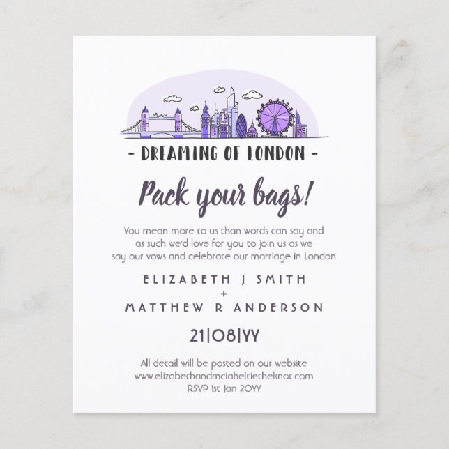 LONDON Skyline Wedding Handdrawn Budget Invites (Front)