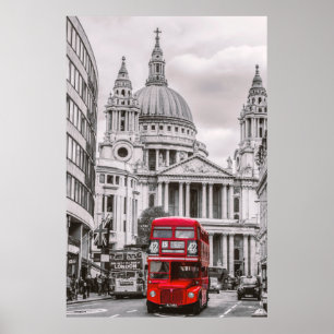 London street scene red London bus coloured art on Poster