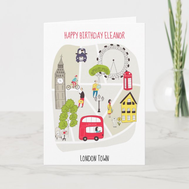 London Stylized Map Cartoon Happy Birthday Name Card (Front)