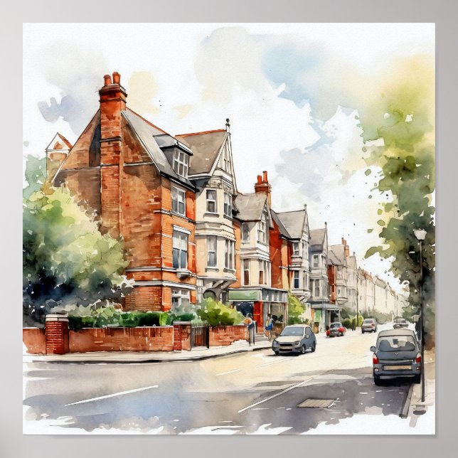 London Suburbs Watercolor Painting Square  Poster (Front)