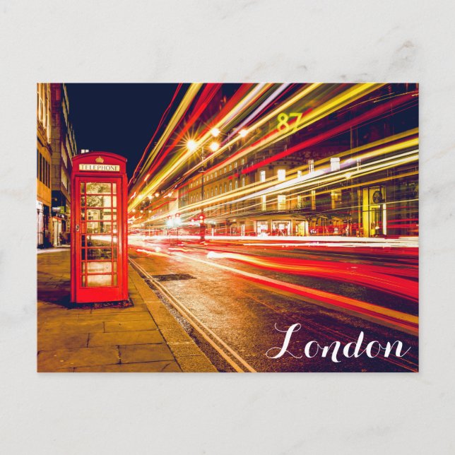 London Telephone Booth Bus City Street at Night Postcard (Front)