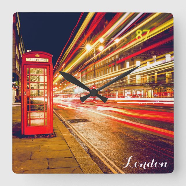 London Telephone Booth Bus City Street at Night Square Wall Clock (Front)