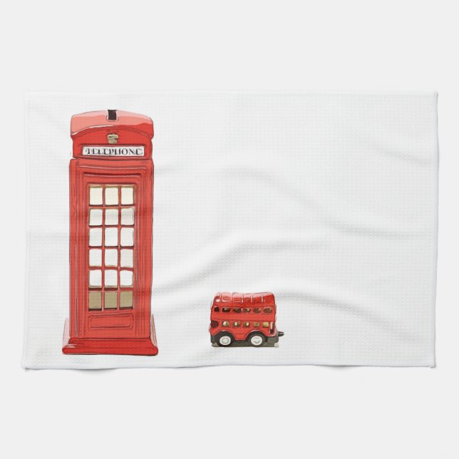 London telephone booth red double decker bus tea towel (Horizontal)