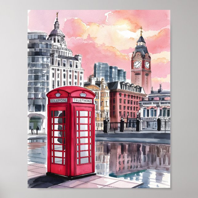 London Telephone Booth Watercolor Poster (Front)