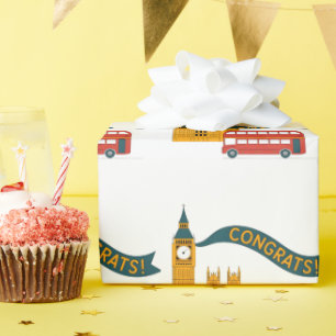London-Themed "Congrats!" Greeting with Big Ben Wrapping Paper