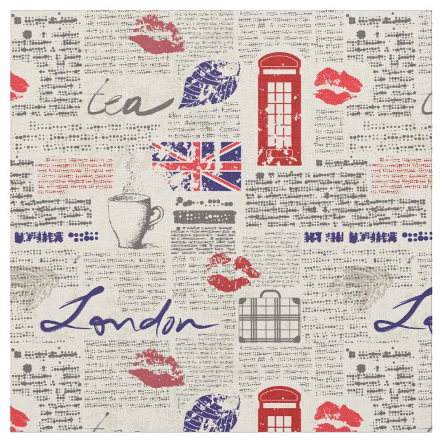 London Themed Seamless Pattern with Phone Booths Fabric (Close Up)