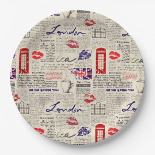 London Themed Seamless Pattern with Phone Booths Paper Plate