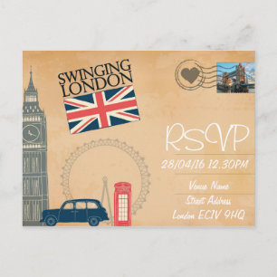 London Themed Wedding RSVP Invitation with Photo Postcard