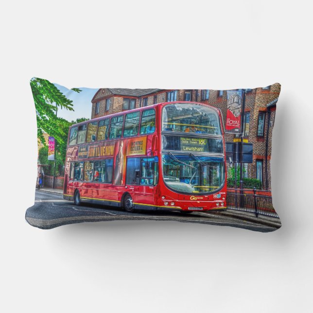 London to Lewisham Red Double-decker Bus UK Lumbar Cushion (Front)