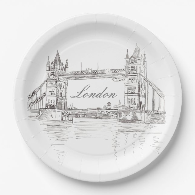 London Tower Bridge Black and White Ink Drawing Paper Plate (Front)