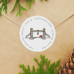 London Tower Bridge Christmas Return Address Classic Round Sticker<br><div class="desc">Whimsical return address labels featuring London's iconic Tower Bridge and double decker bus illustrated with mistletoe as a special festive touch. Your address circles around the illustration in a modern,  playful font. Makes for happy Christmas mailings all season long! Original art and design by Annie Montgomery Design.</div>