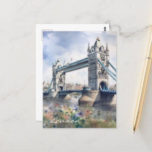 London Tower Bridge Travel Watercolor Postcard