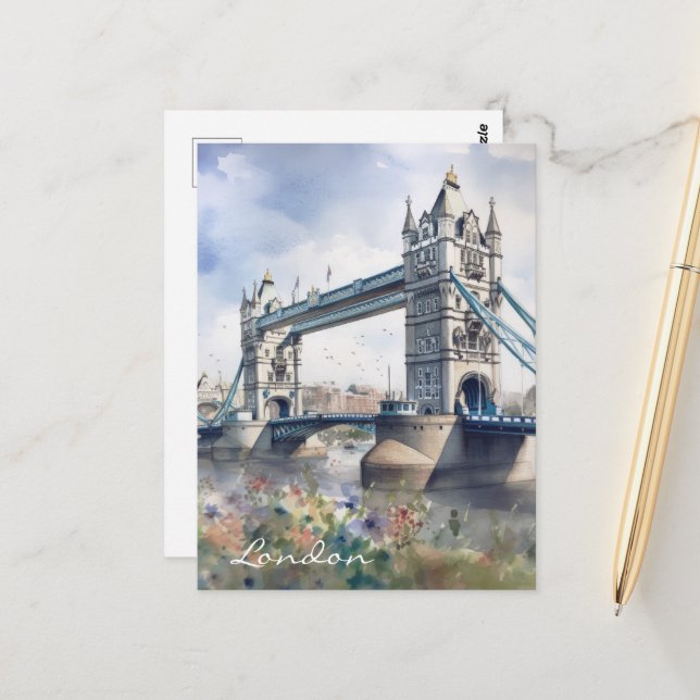  London Tower Bridge Travel Watercolor Postcard (Front/Back In Situ)