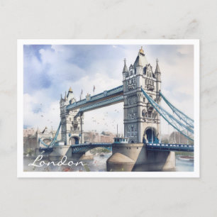 London Tower Bridge Travel Watercolor Postcard