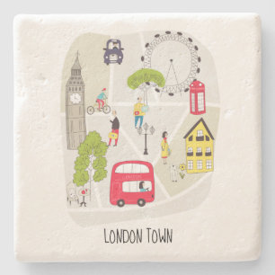 London Town Stylised Map Cartoon Landmarks People Stone Coaster