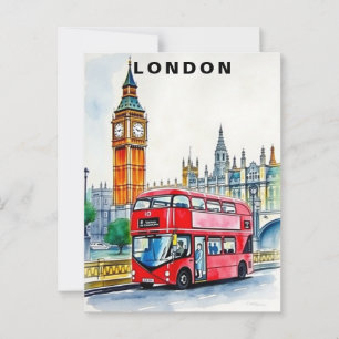 London UK Bus Travel Watercolor Postcard