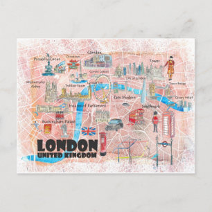London UK Illustrated Map with Main Roads Postcard