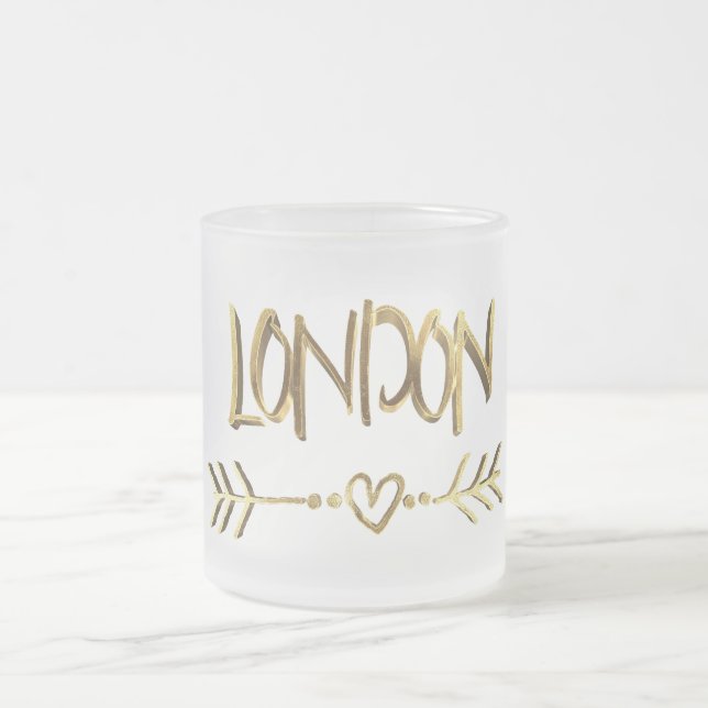 London UK Love Gold Typography Elegant Text Frosted Glass Coffee Mug (Center)