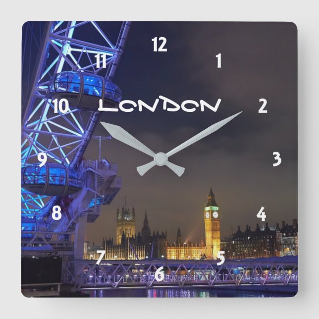 London UK  Night Cityscape London Eye View Square Wall Clock (Front)
