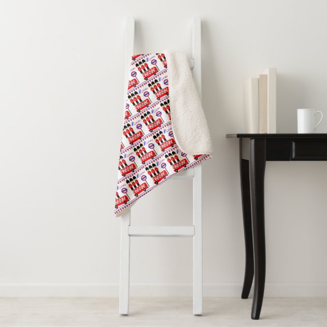 London UK Queens Guard Red Bus Cute Pattern Sherpa Blanket (In Situ)