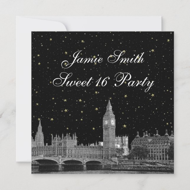 London UK Skyline Etched Starry DIY BG Sweet 16 Invitation (Front)