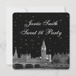 London UK Skyline Etched Starry DIY BG Sweet 16 Invitation