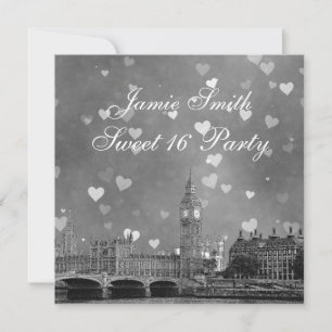 London UK Skyline Grey White Heart Sweet 16 Invitation